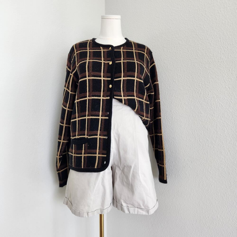 Vintage 90s Classic Elements Brown Plaid Windowpane Knit Cardigan Crew Preppy M